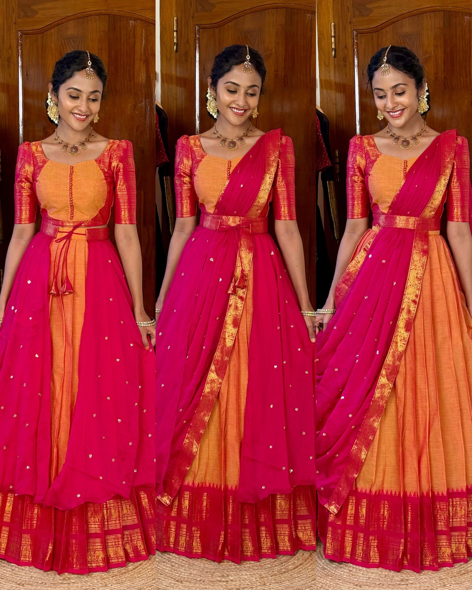 4 in 1 Mustard and Rani pink dreamy layers lehenga set