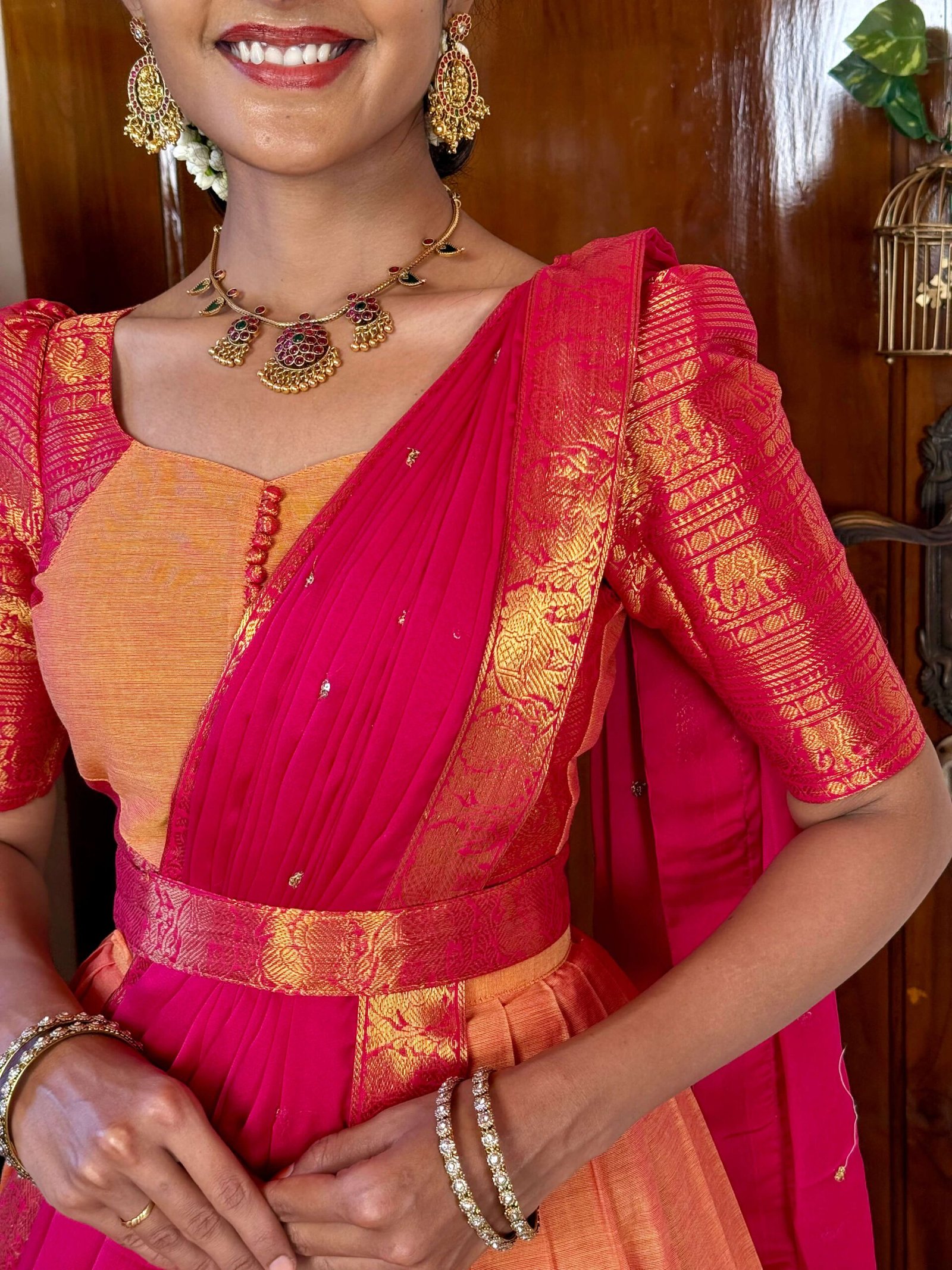 4 in 1 Mustard and Rani pink dreamy layers lehenga set