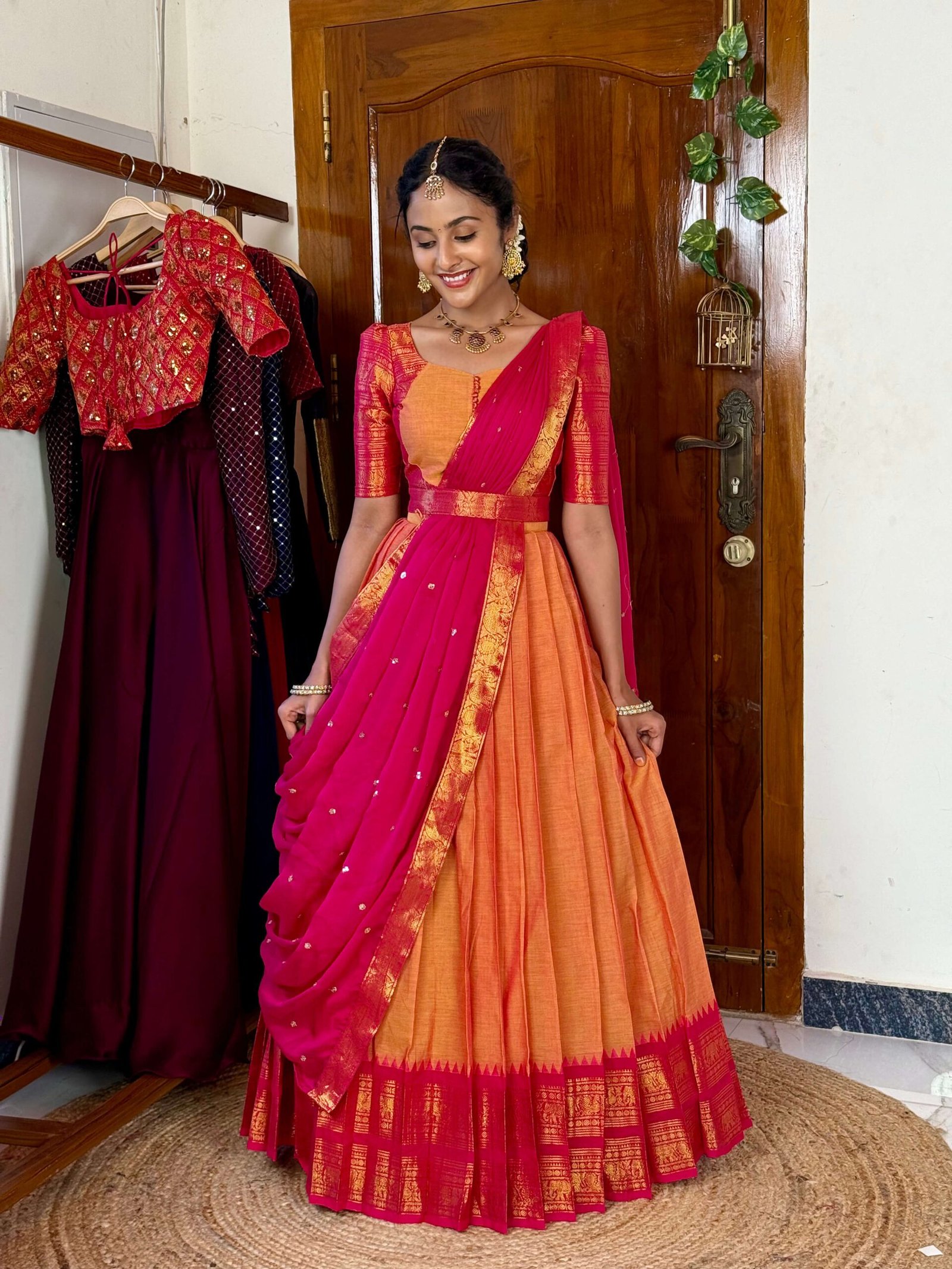 4 in 1 Mustard and Rani pink dreamy layers lehenga set