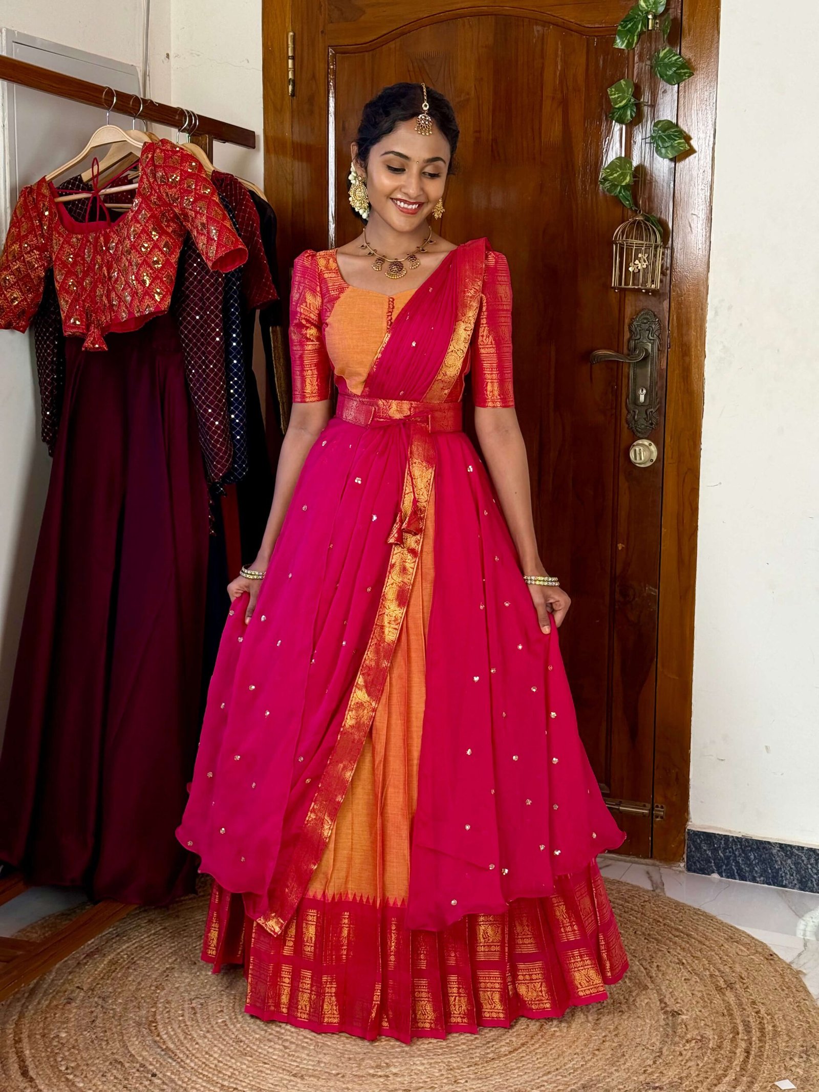 4 in 1 Mustard and Rani pink dreamy layers lehenga set
