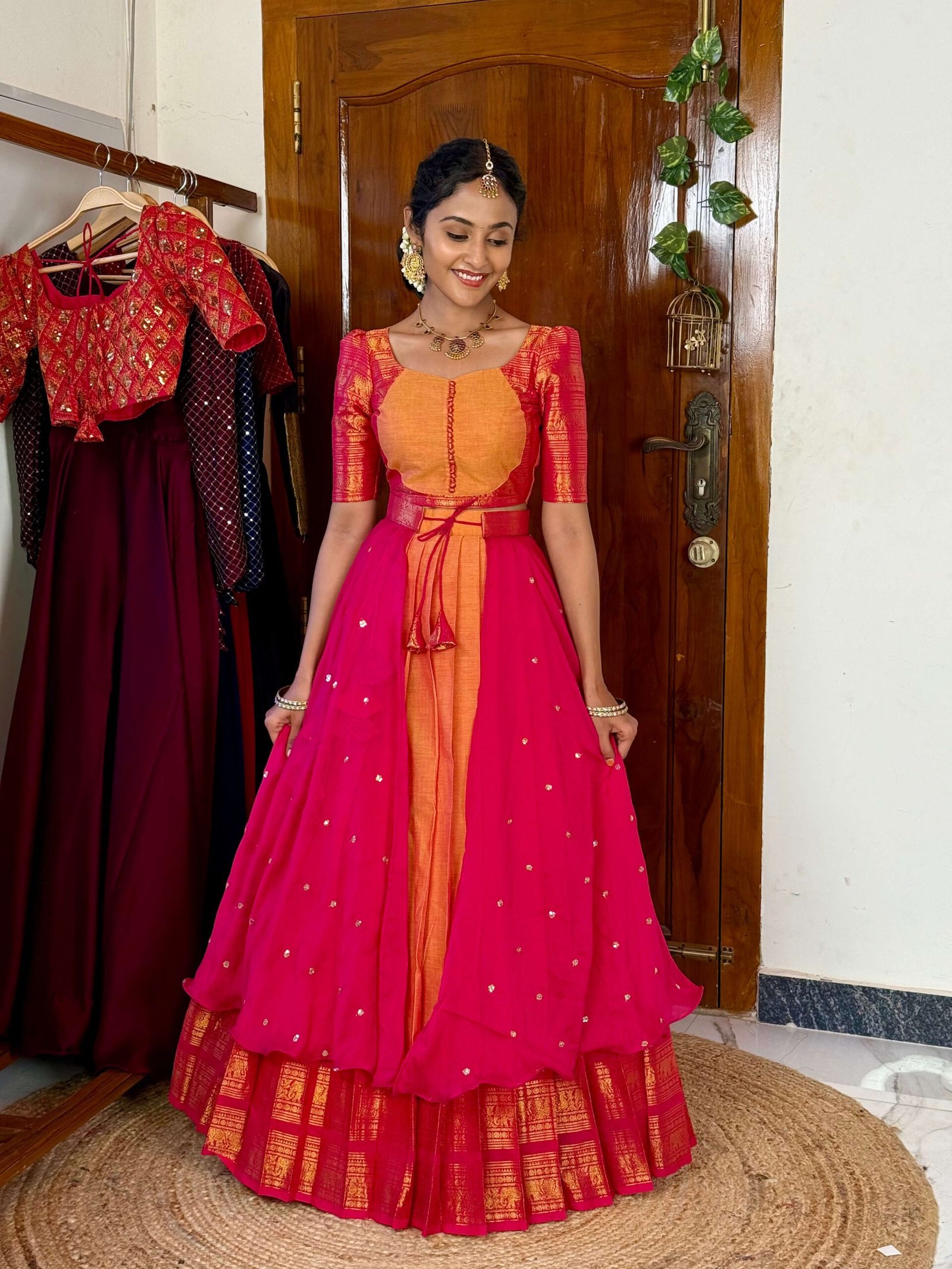 4 in 1 Mustard and Rani pink dreamy layers lehenga set