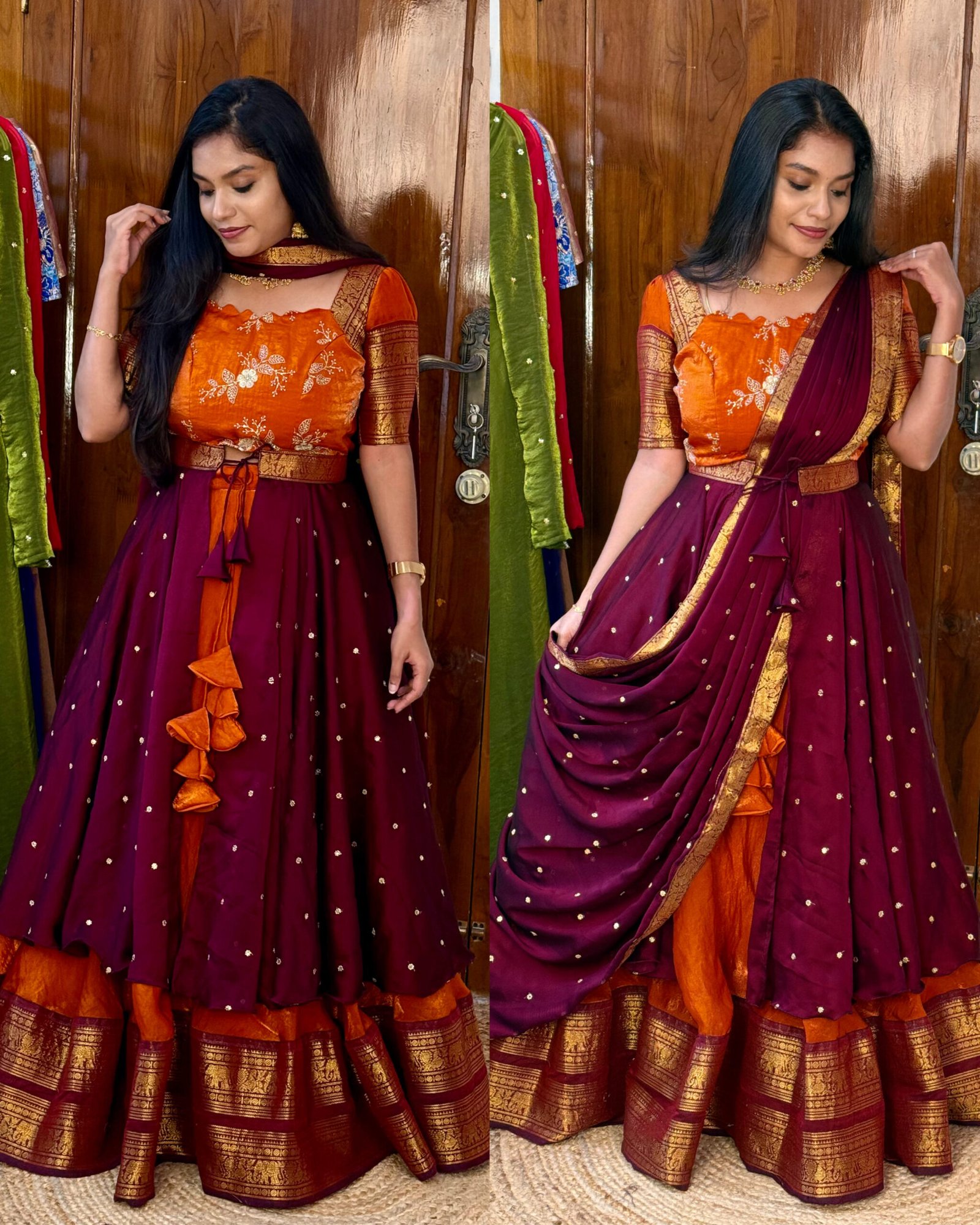 4 in 1 Rust orange and wine Lehenga set