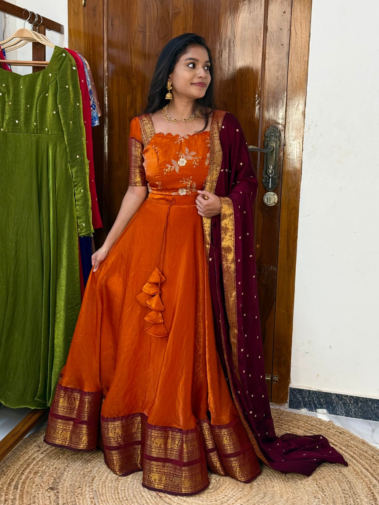 4 in 1 Rust orange and wine Lehenga set