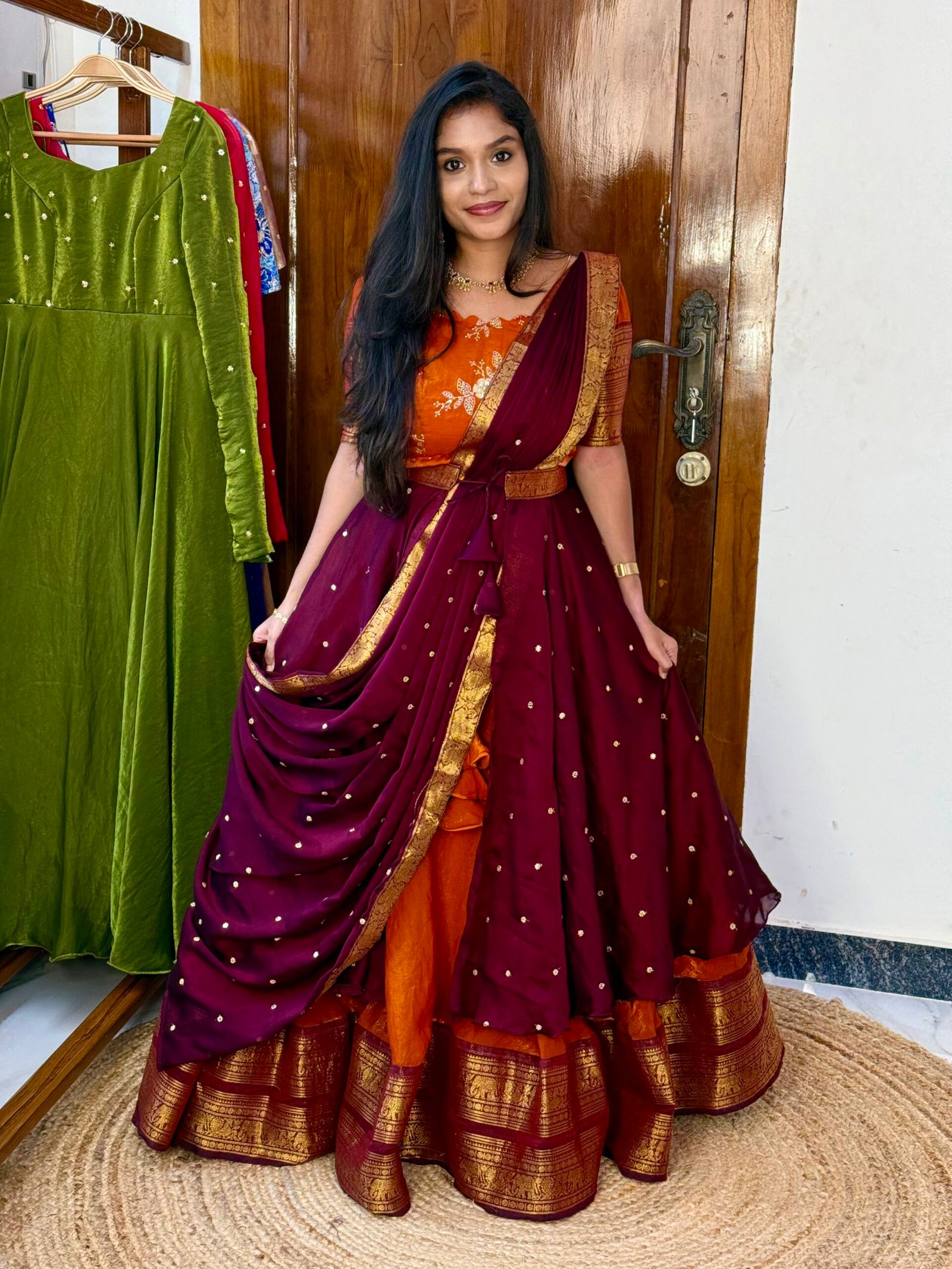 4 in 1 Rust orange and wine Lehenga set