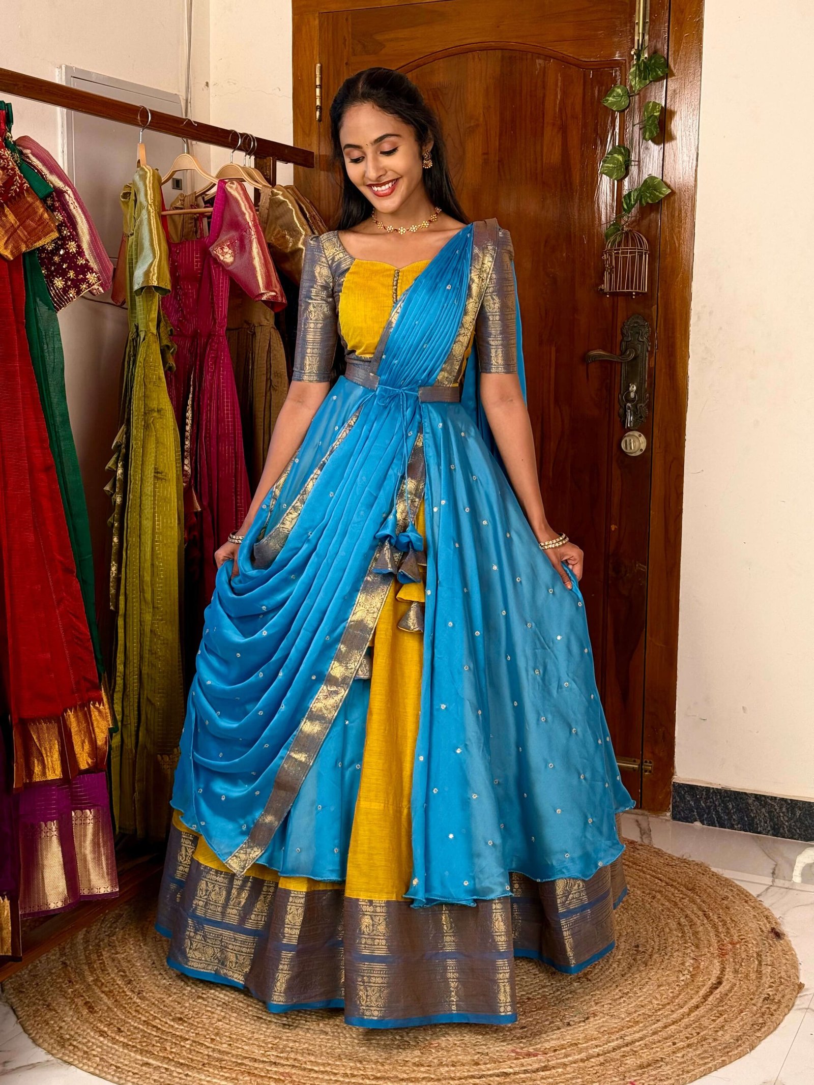 4 in 1 Yellow and blue dreamy layers lehenga set