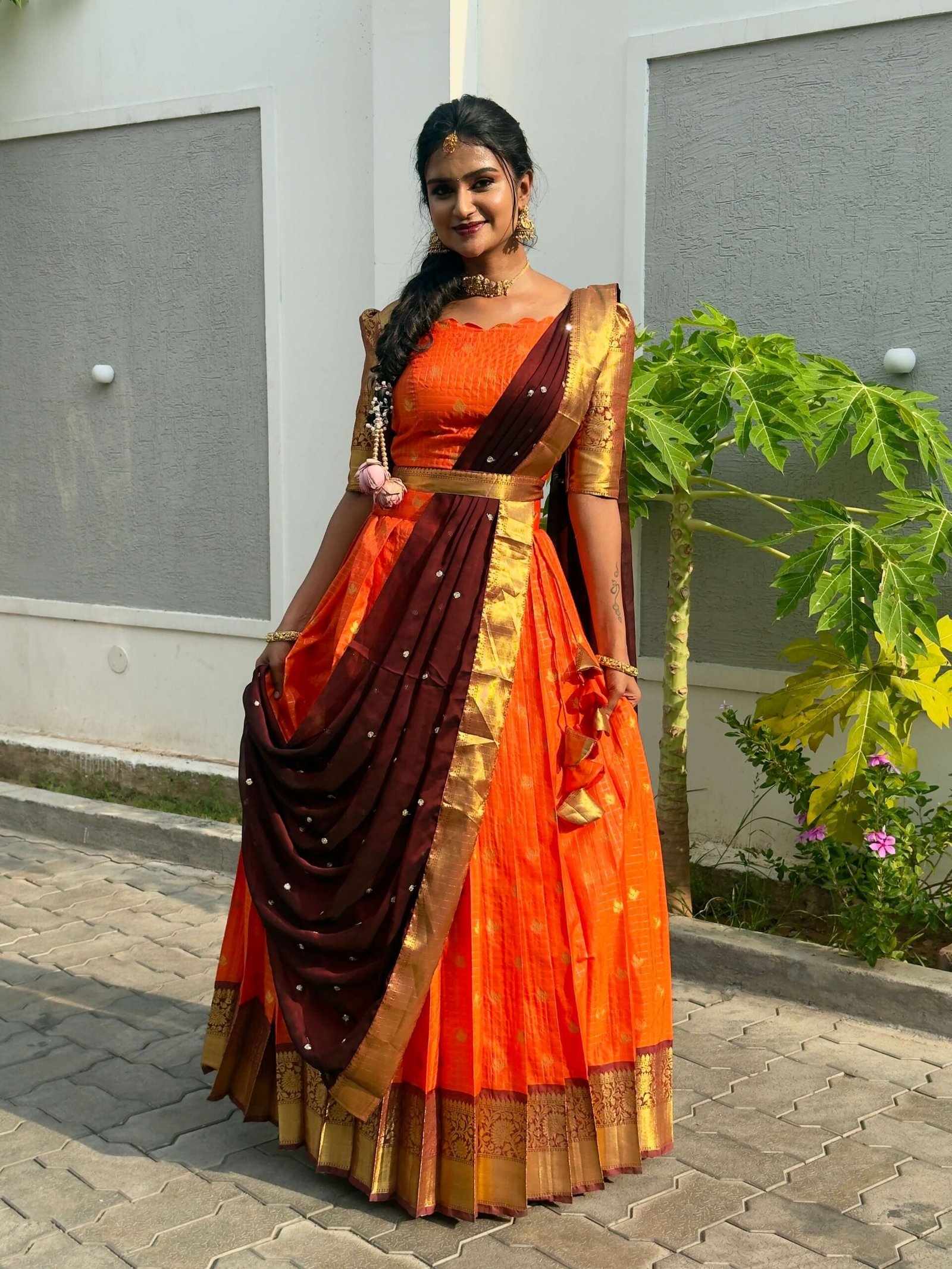 Kanmani - Orange and Brown soft tissue Halfsaree