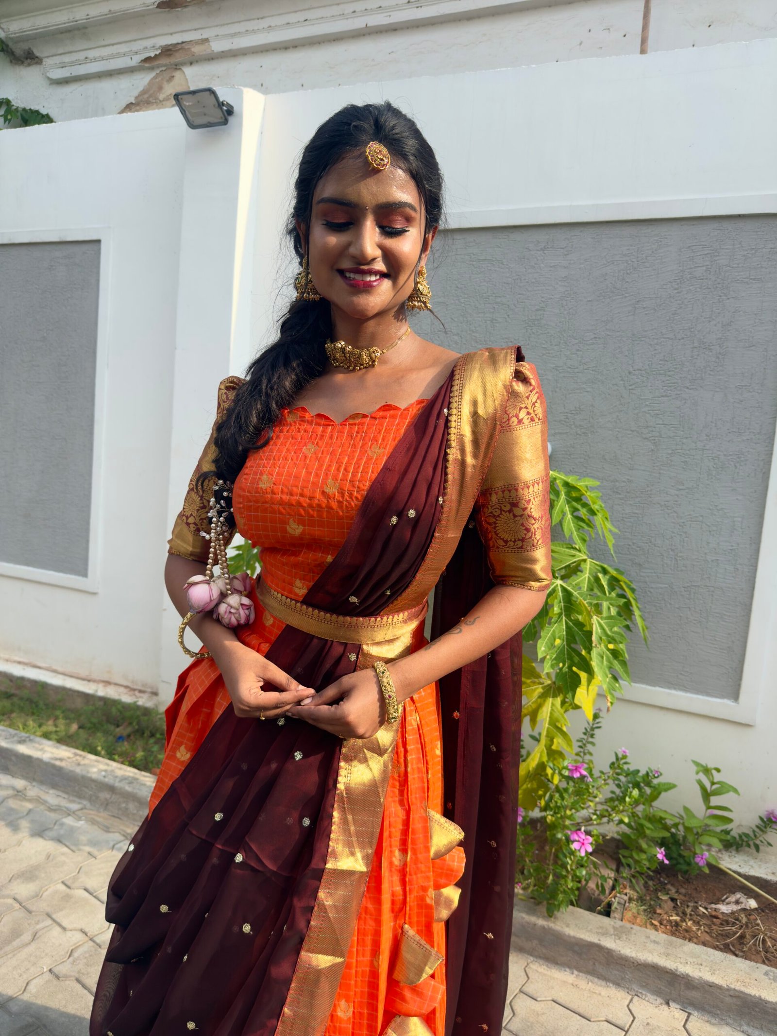 Kanmani - Orange and Brown soft tissue Halfsaree