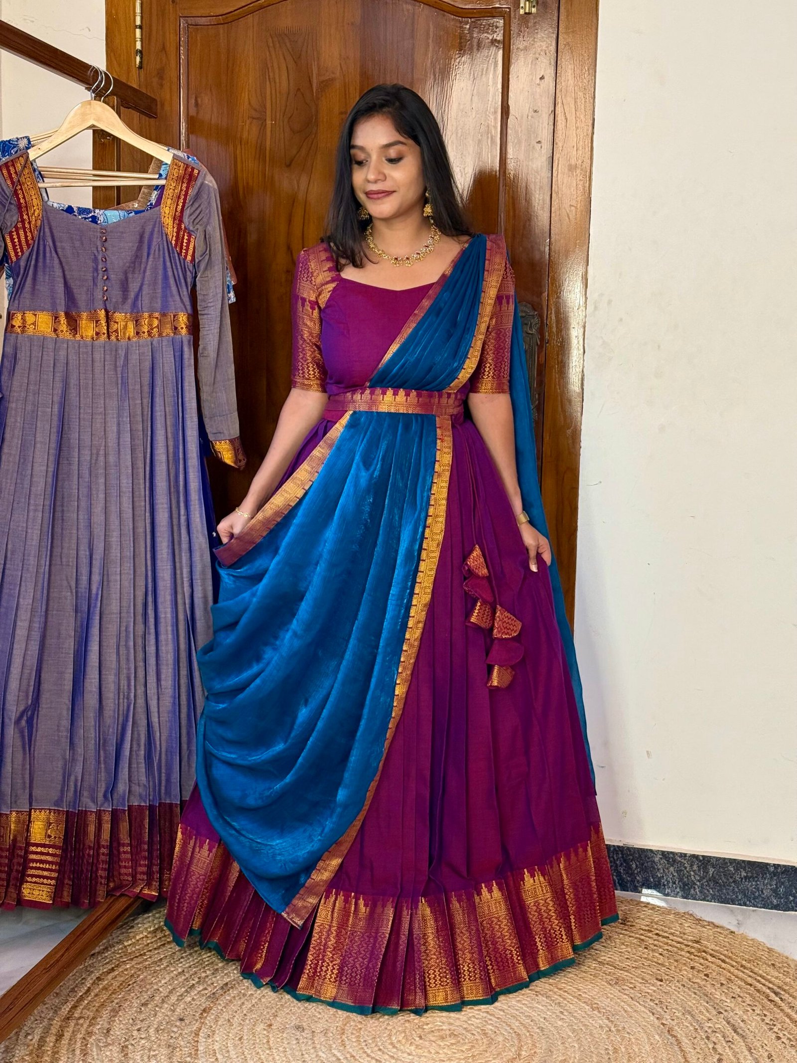 Kannumuzhi Magenta zari cotton Lehanga