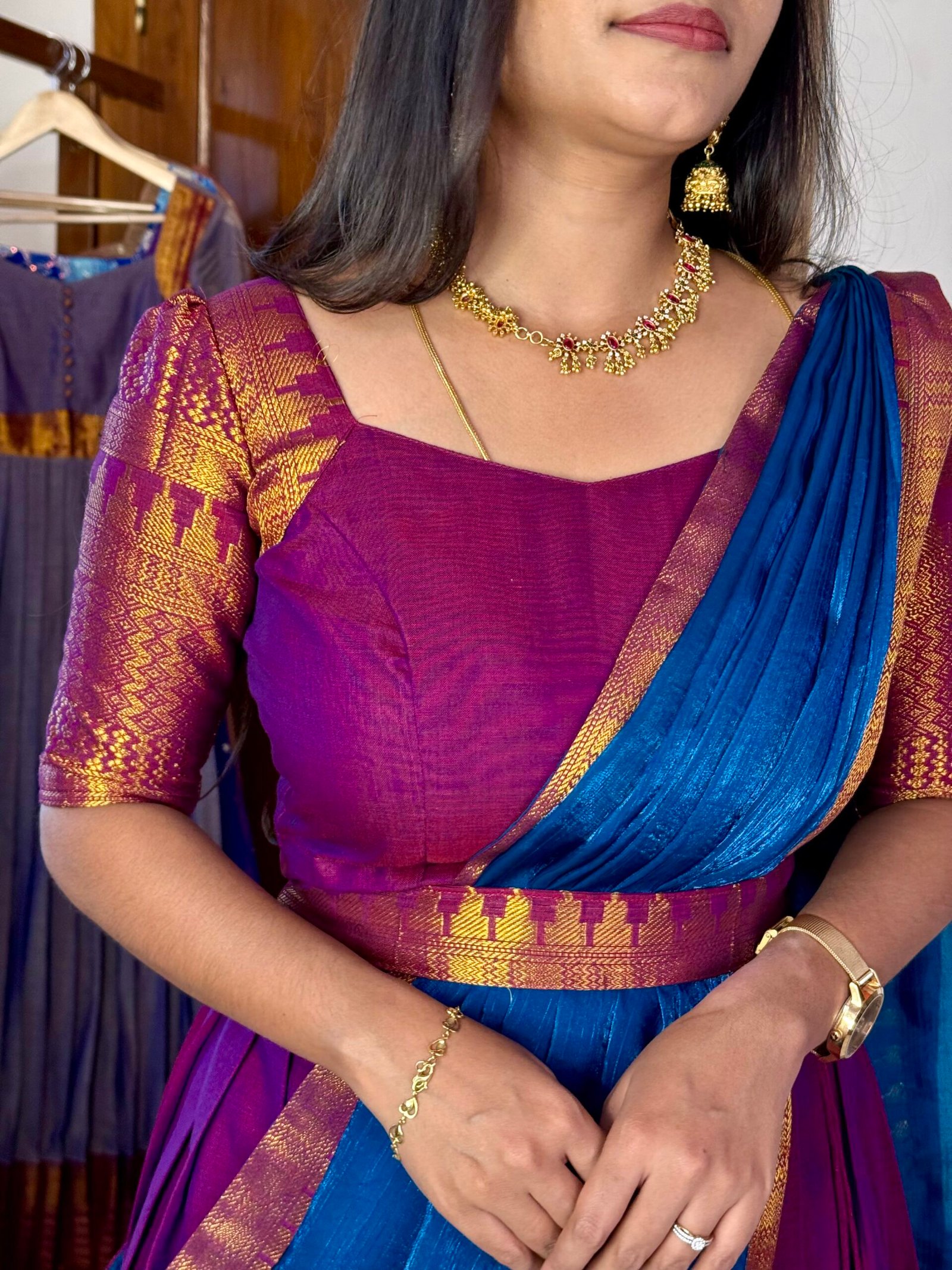 Kannumuzhi Magenta zari cotton Lehanga