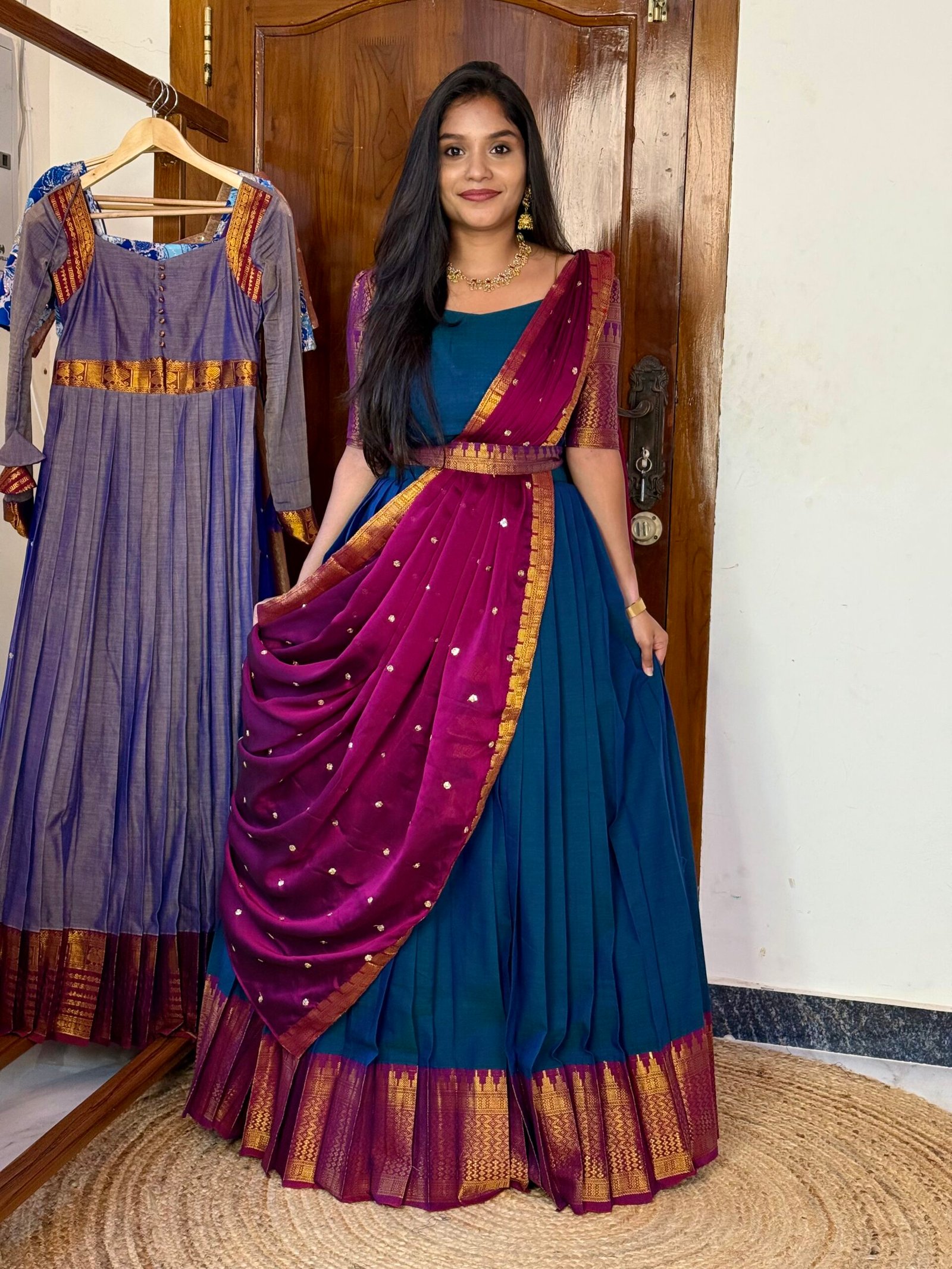 Kannumuzhi peocock zari cotton Lehanga