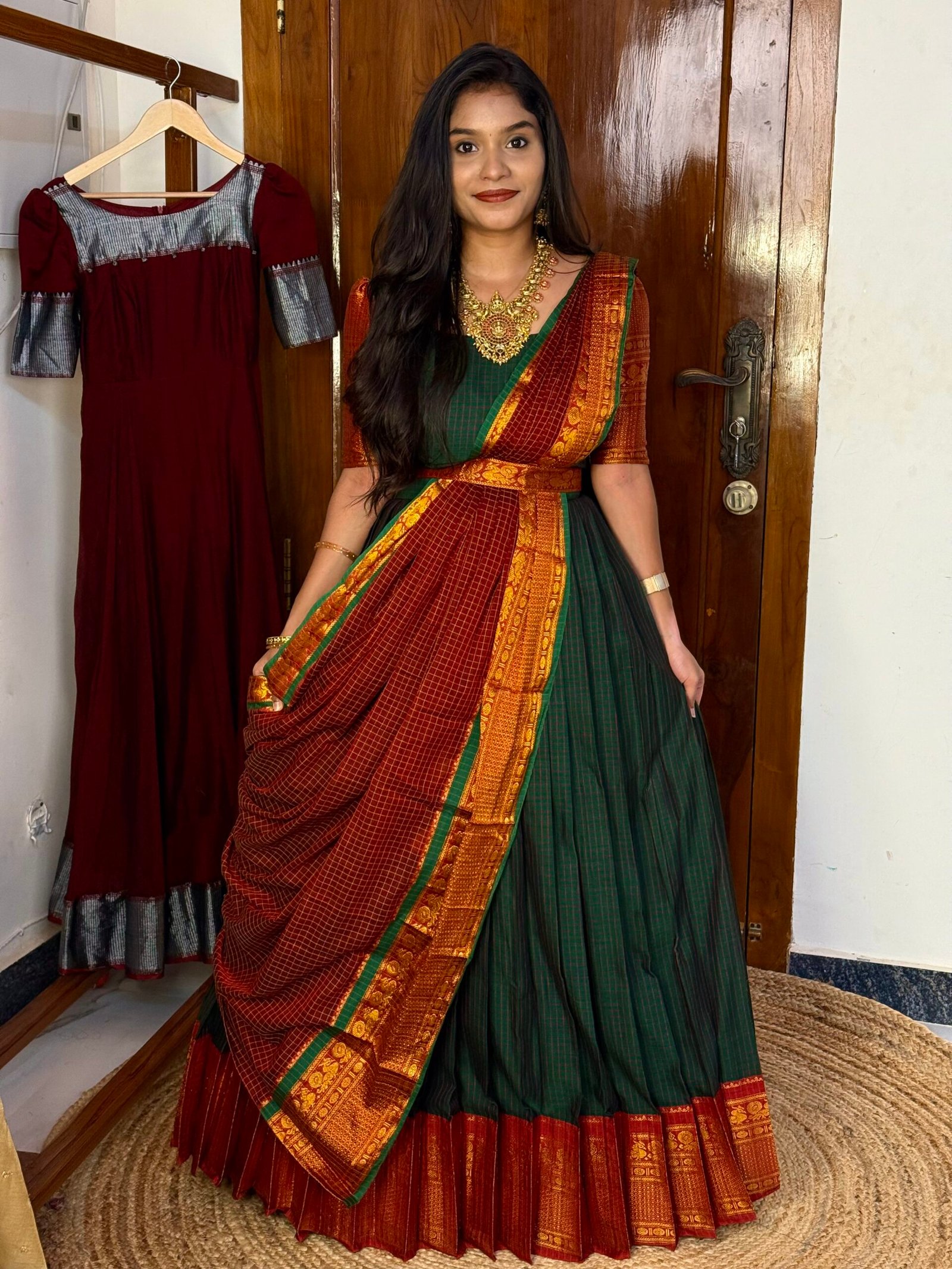 Karigai Checks Hallf saree - Dark Green And Maroon