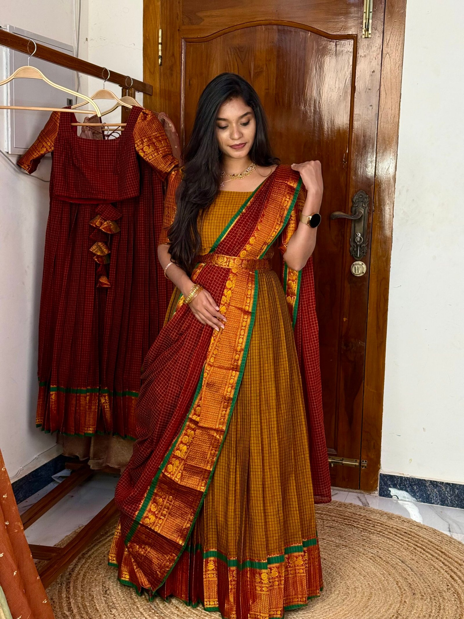 Karigai Checks Hallf saree -  Mustard And Maroon