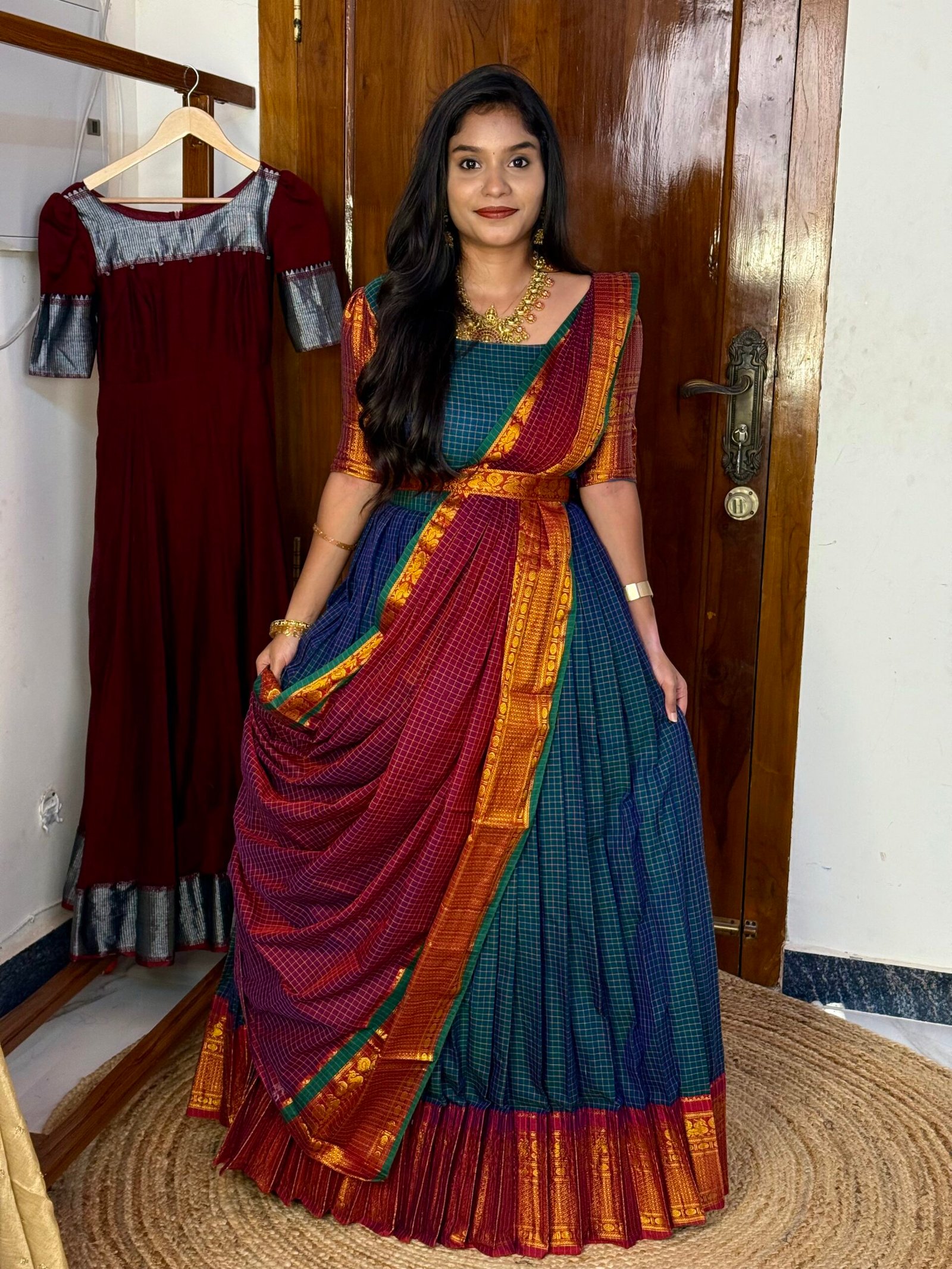 Karigai Checks Hallf saree -  Peacock Blue And Magenta