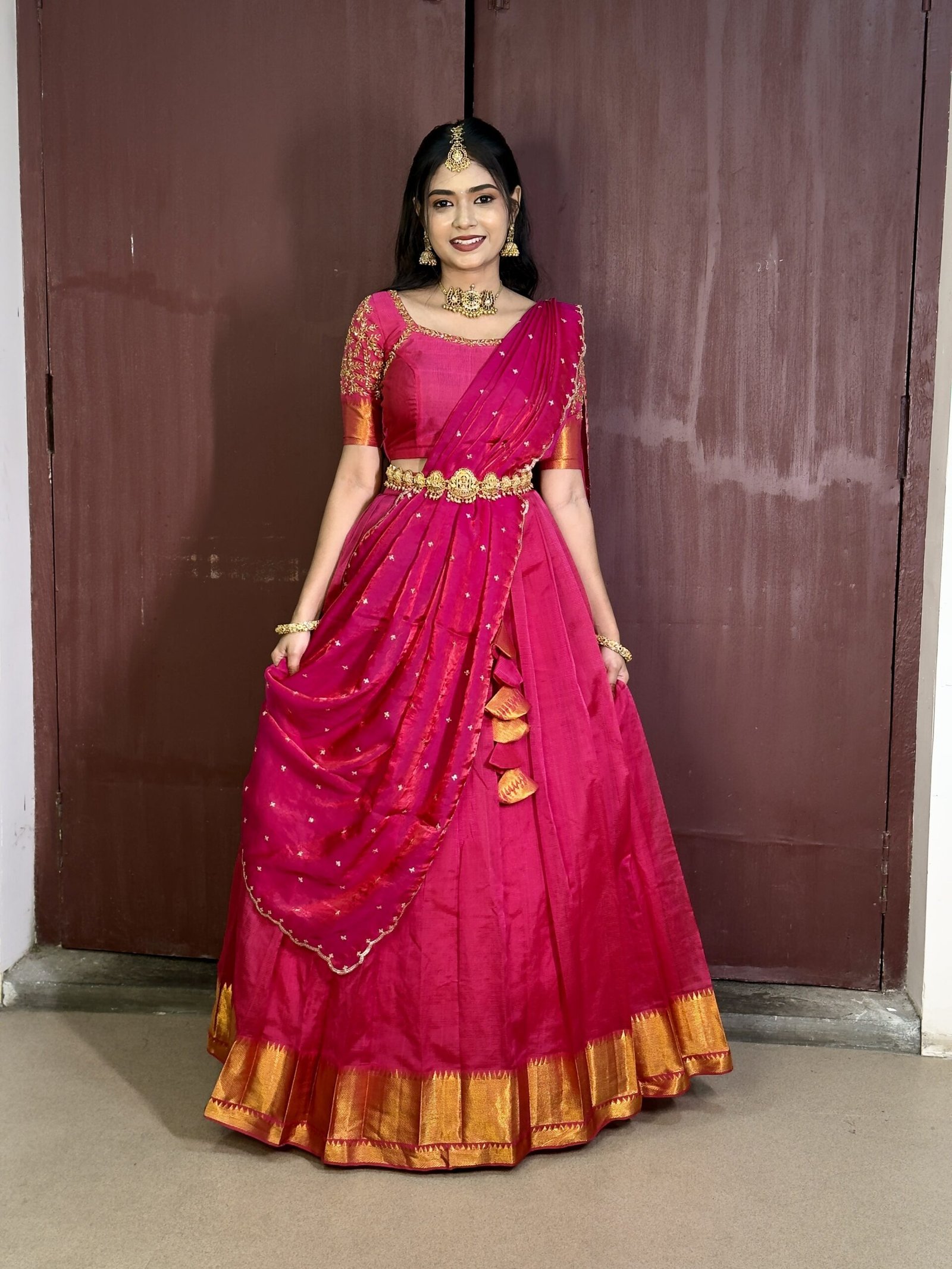 Mangalagiri Silk Premium Halfsaree - Rani pink
