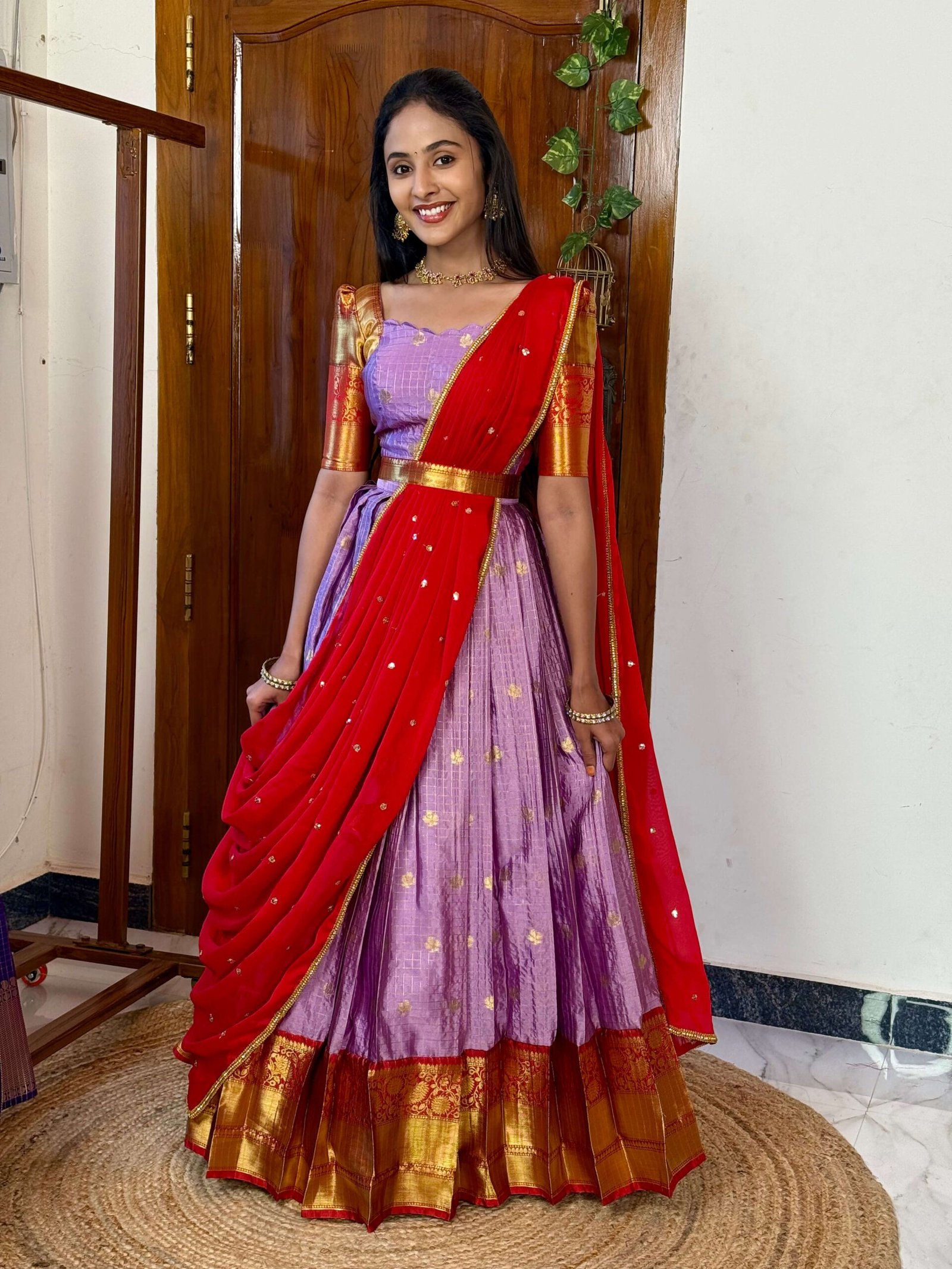 Kanmani Lavender and red lehenga