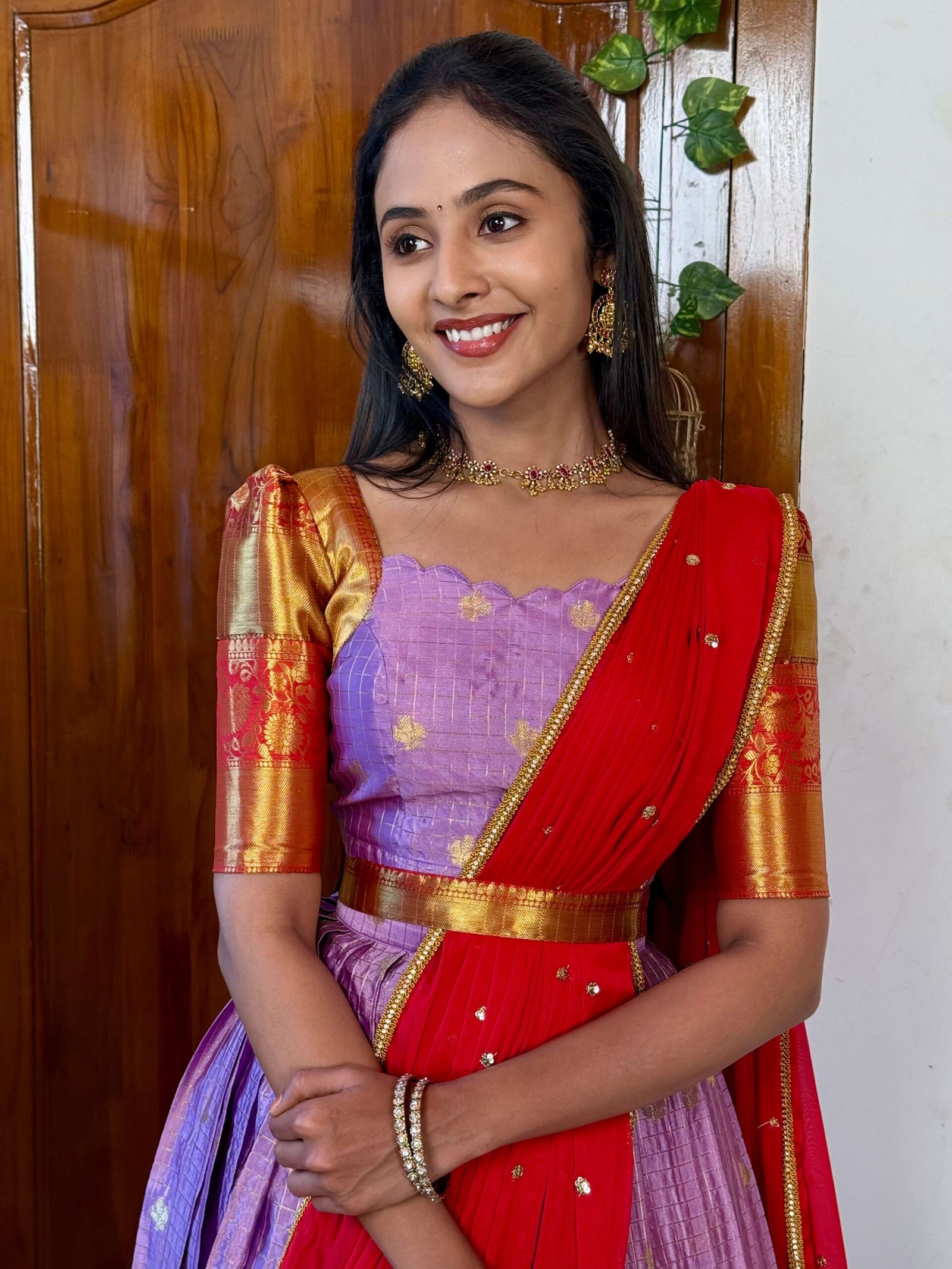 Kanmani Lavender and red lehenga