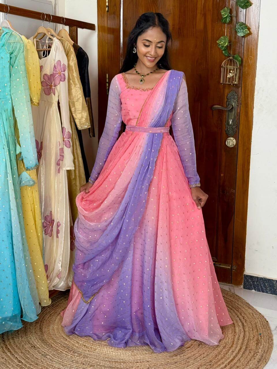 Rathi Lavender pink double shaded hand work maxi