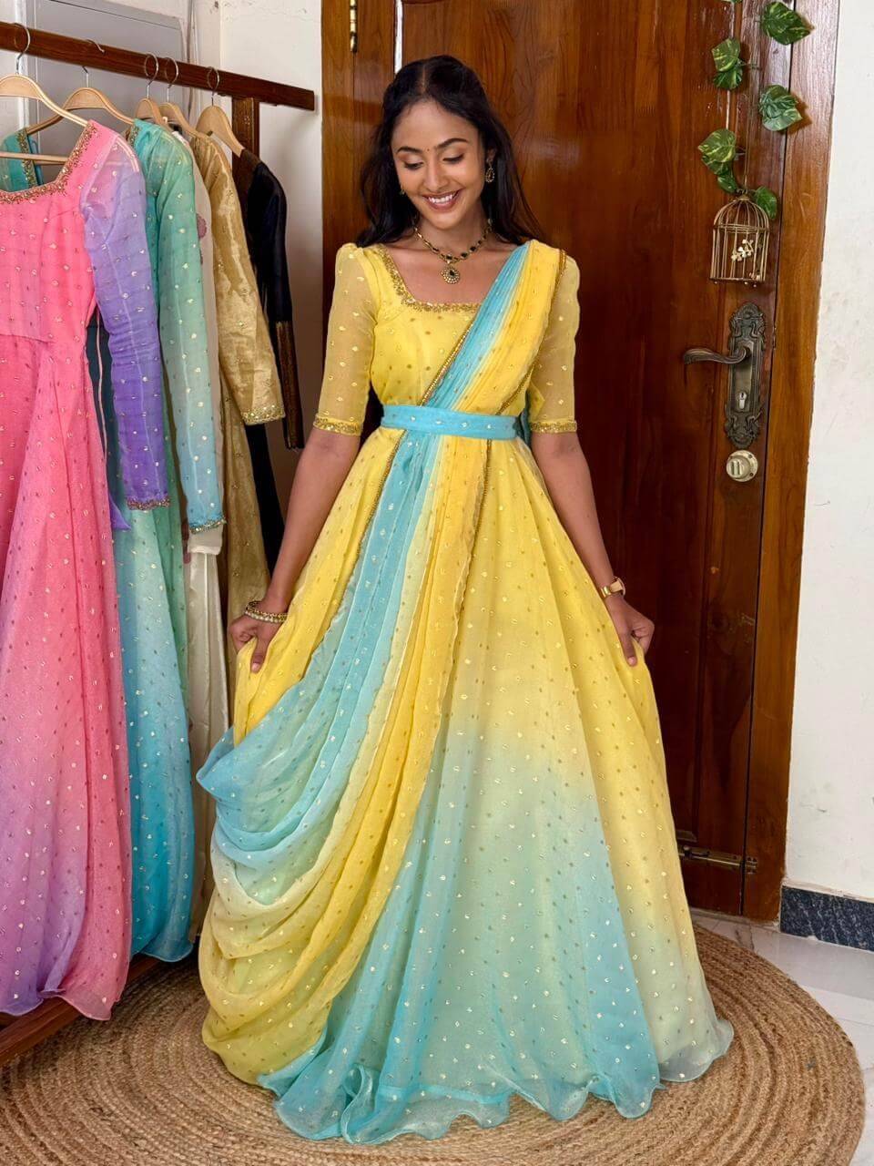 Rathi Yellow blue double shaded hand work maxi