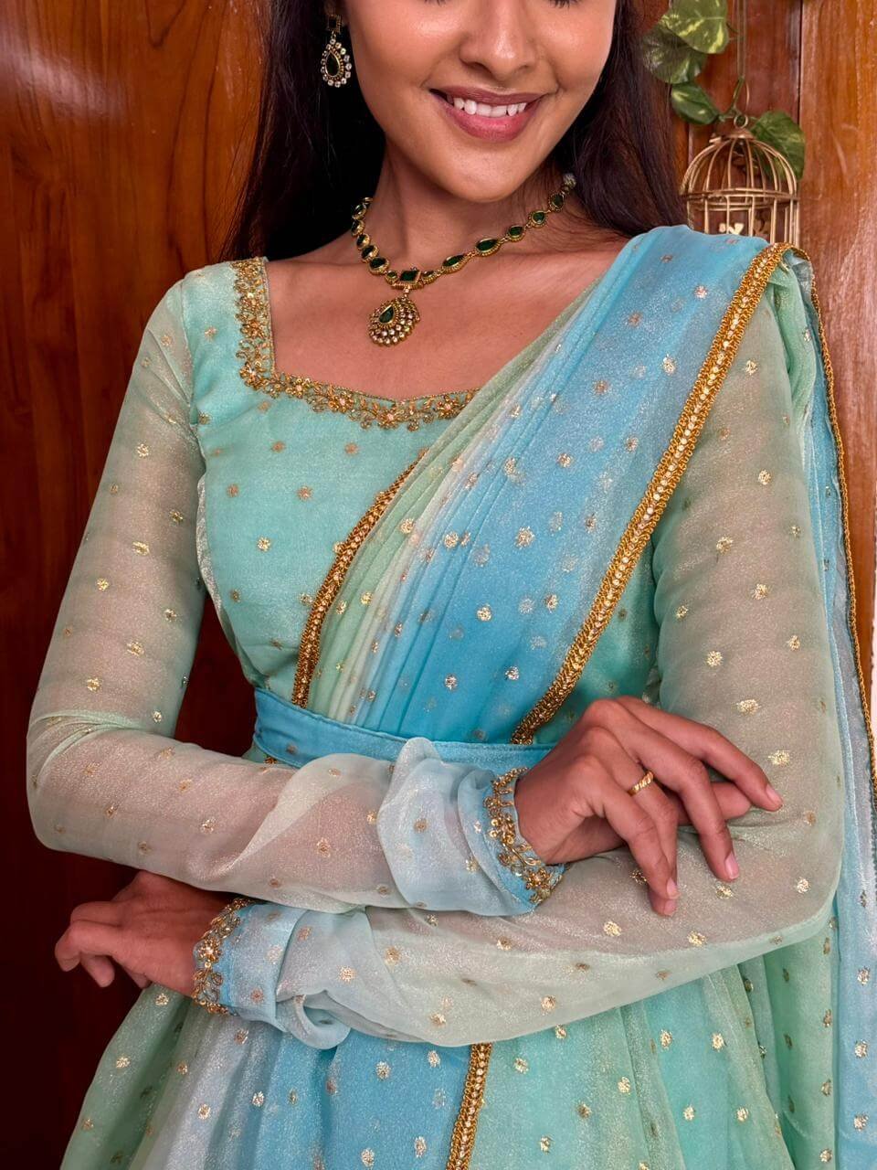 Rathi sea green blue double shaded hand work maxi