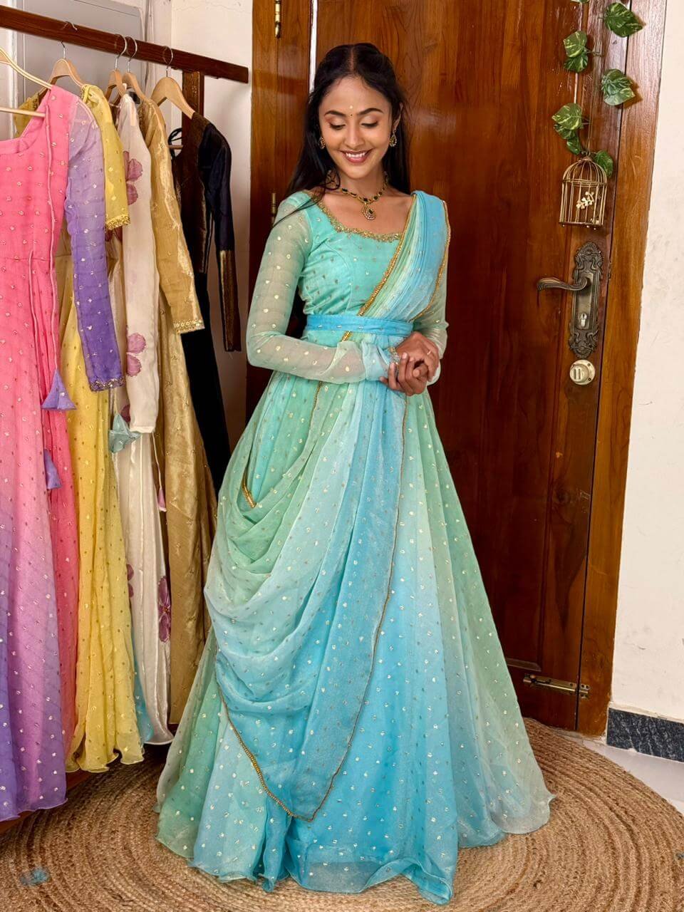 Rathi sea green blue double shaded hand work maxi