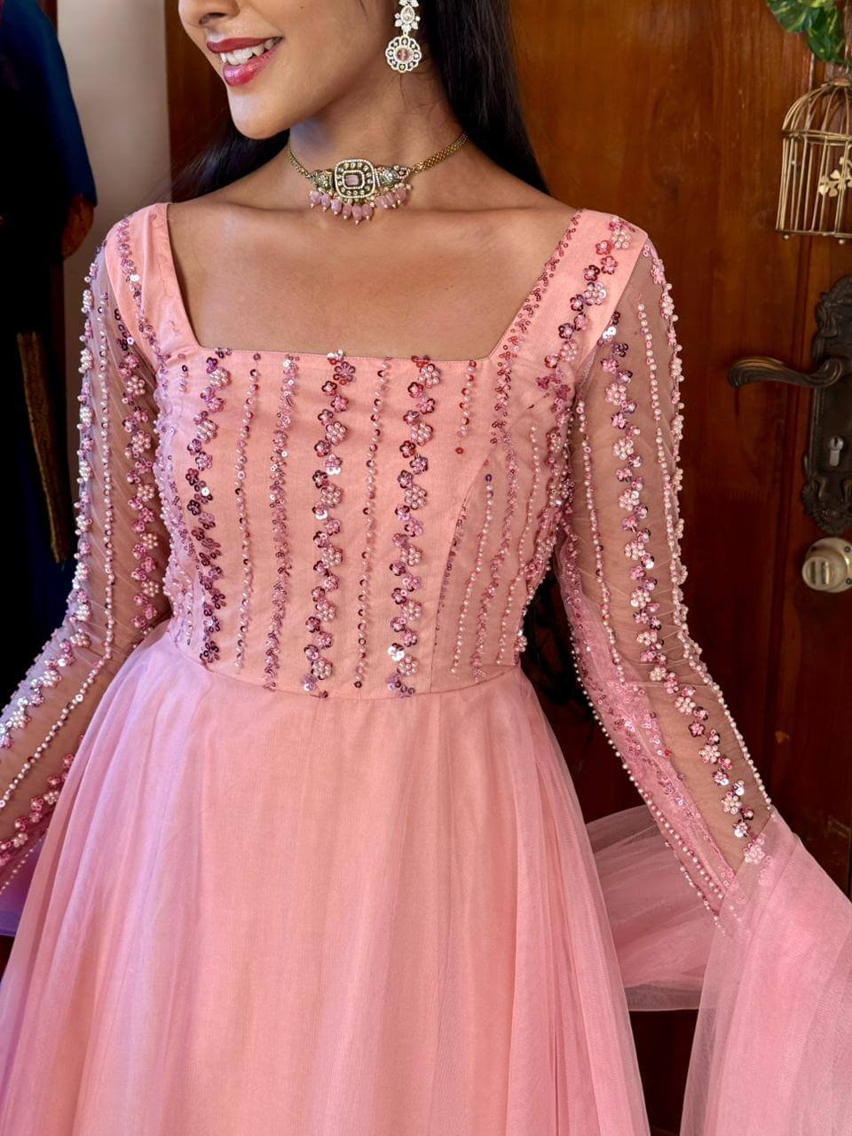 Ruby peach pink beaded maxi