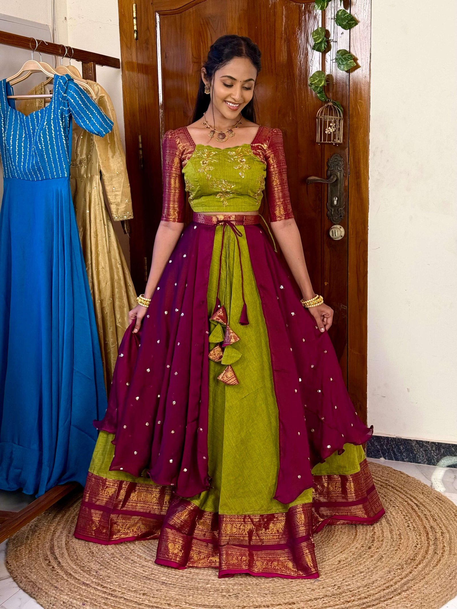 4 in 1 Dreamy layers Mehendi and wine lehenga