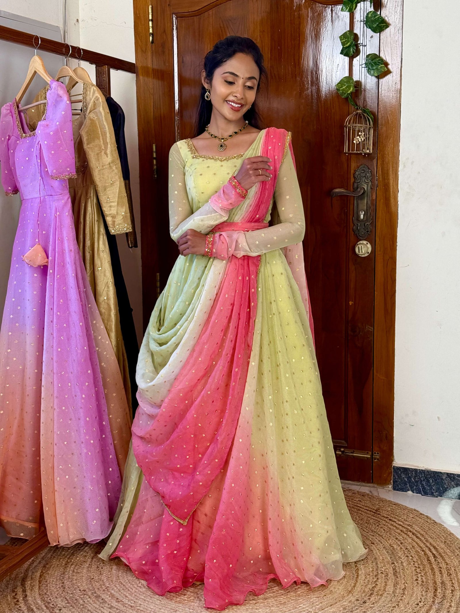 Rathi pista & pink double shaded hand work maxi