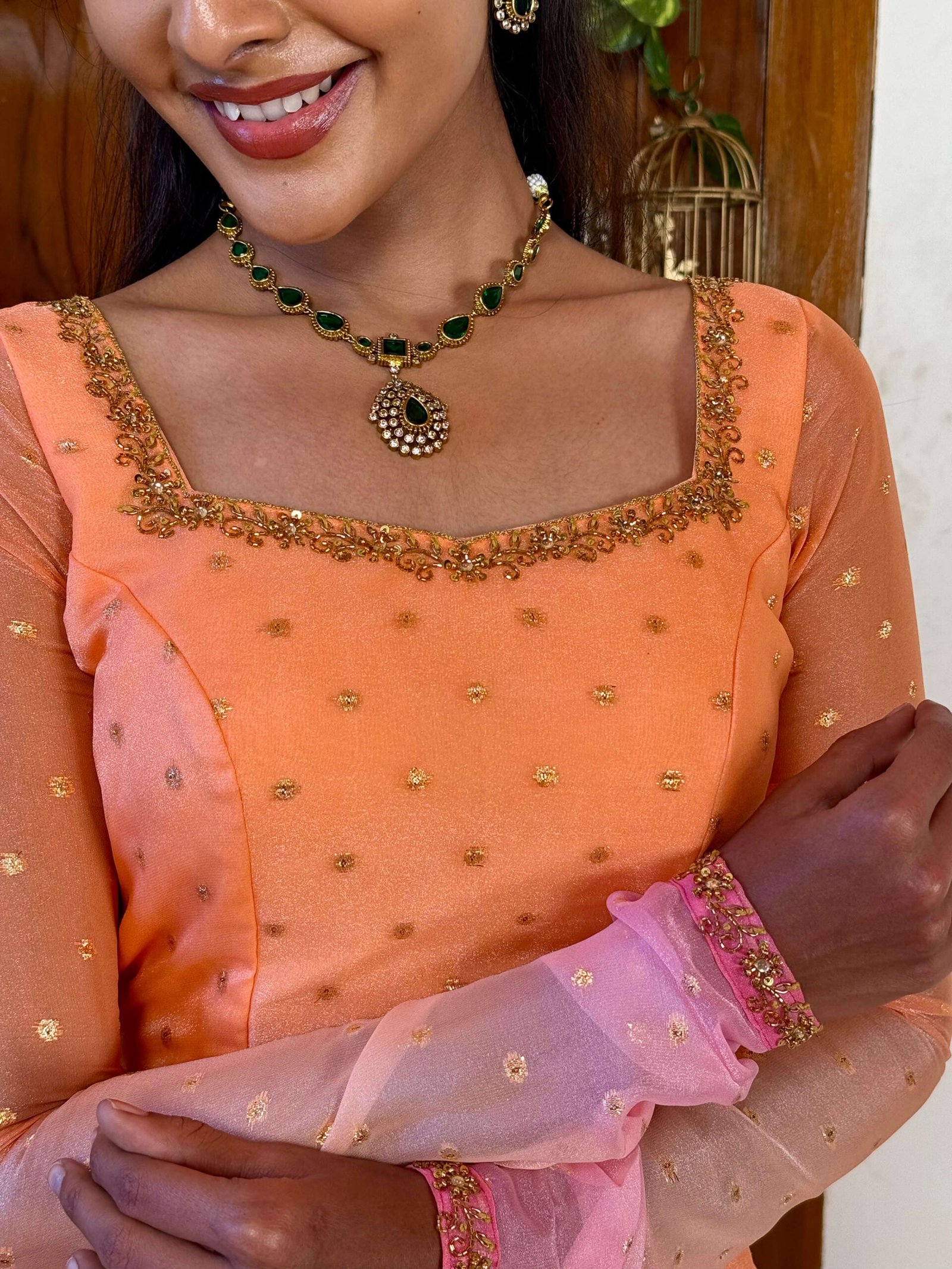 Rathi peach & pink double shaded hand work maxi
