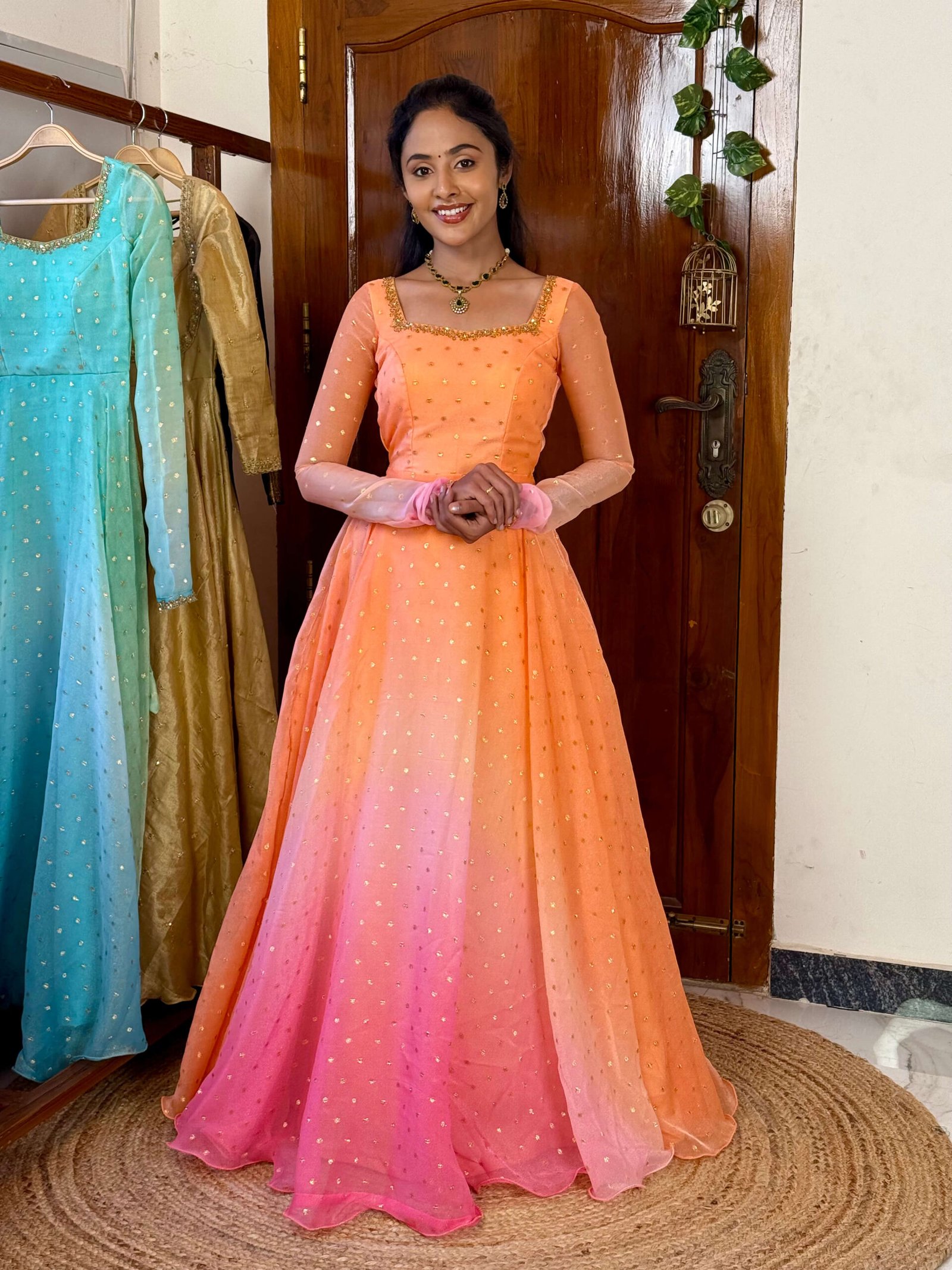 Rathi peach & pink double shaded hand work maxi