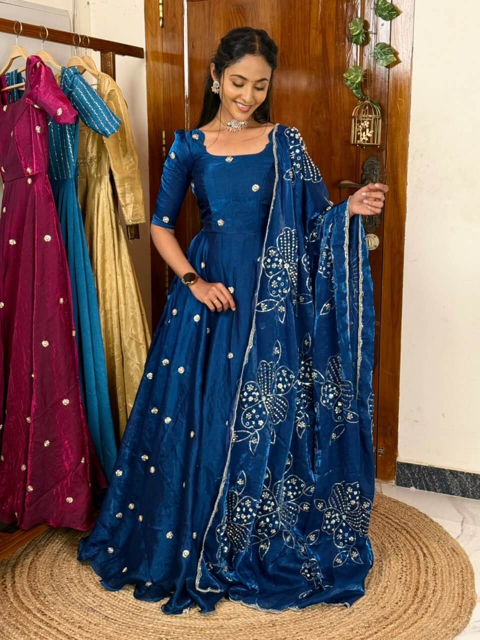 Raha blue maxi with grand bead work shawl