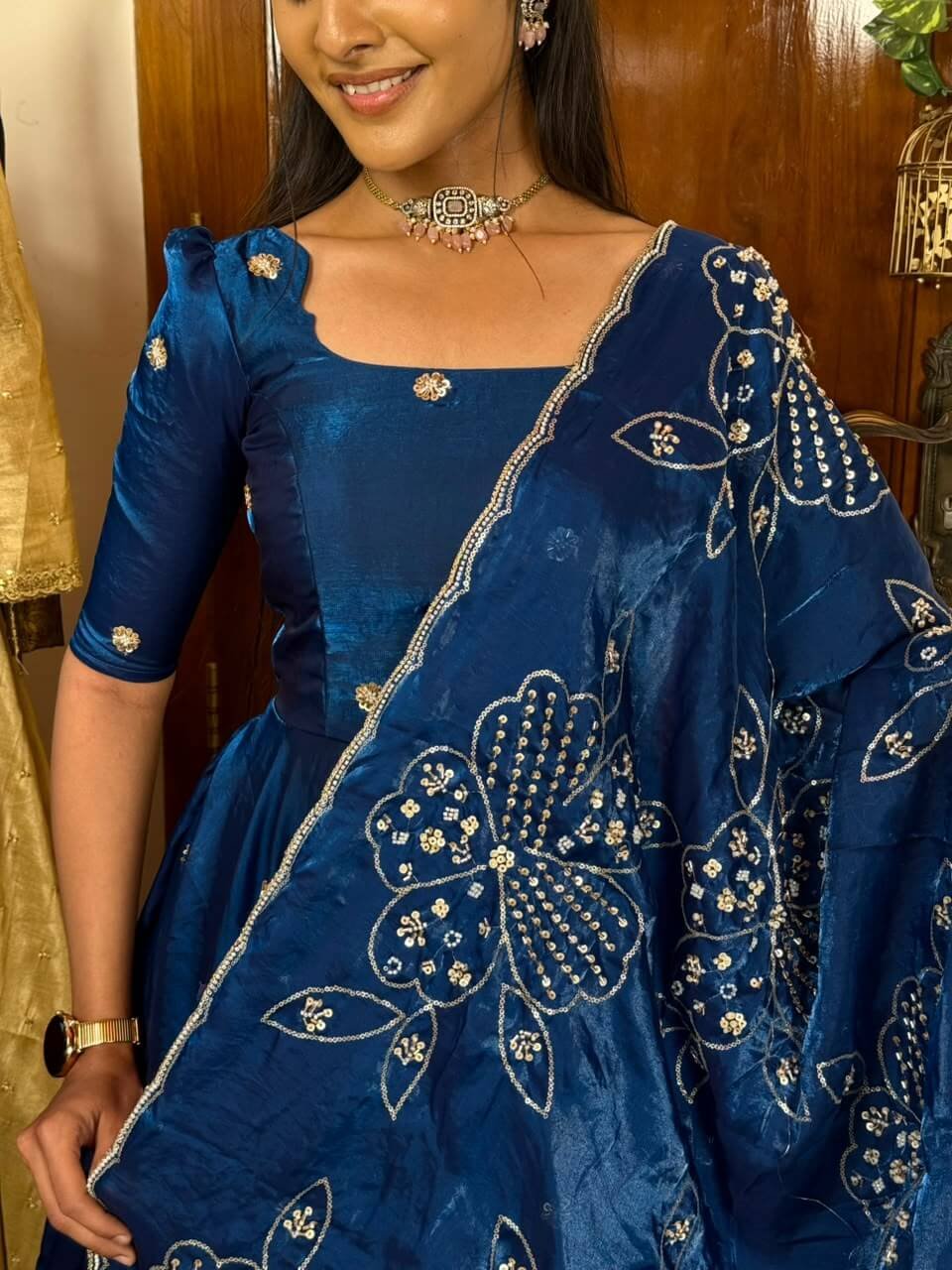 Raha blue maxi with grand bead work shawl
