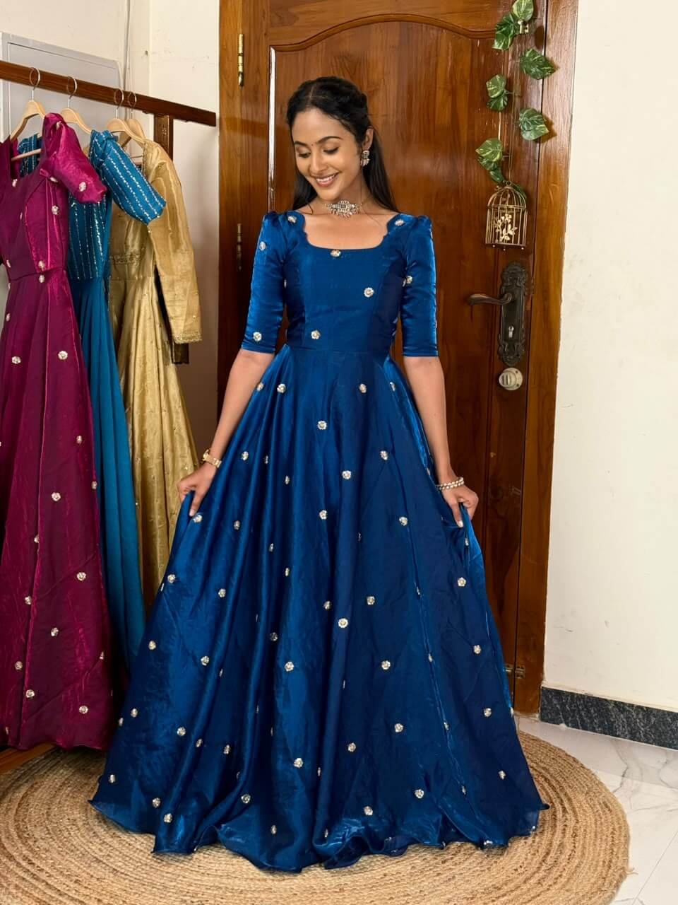 Raha blue maxi with grand bead work shawl