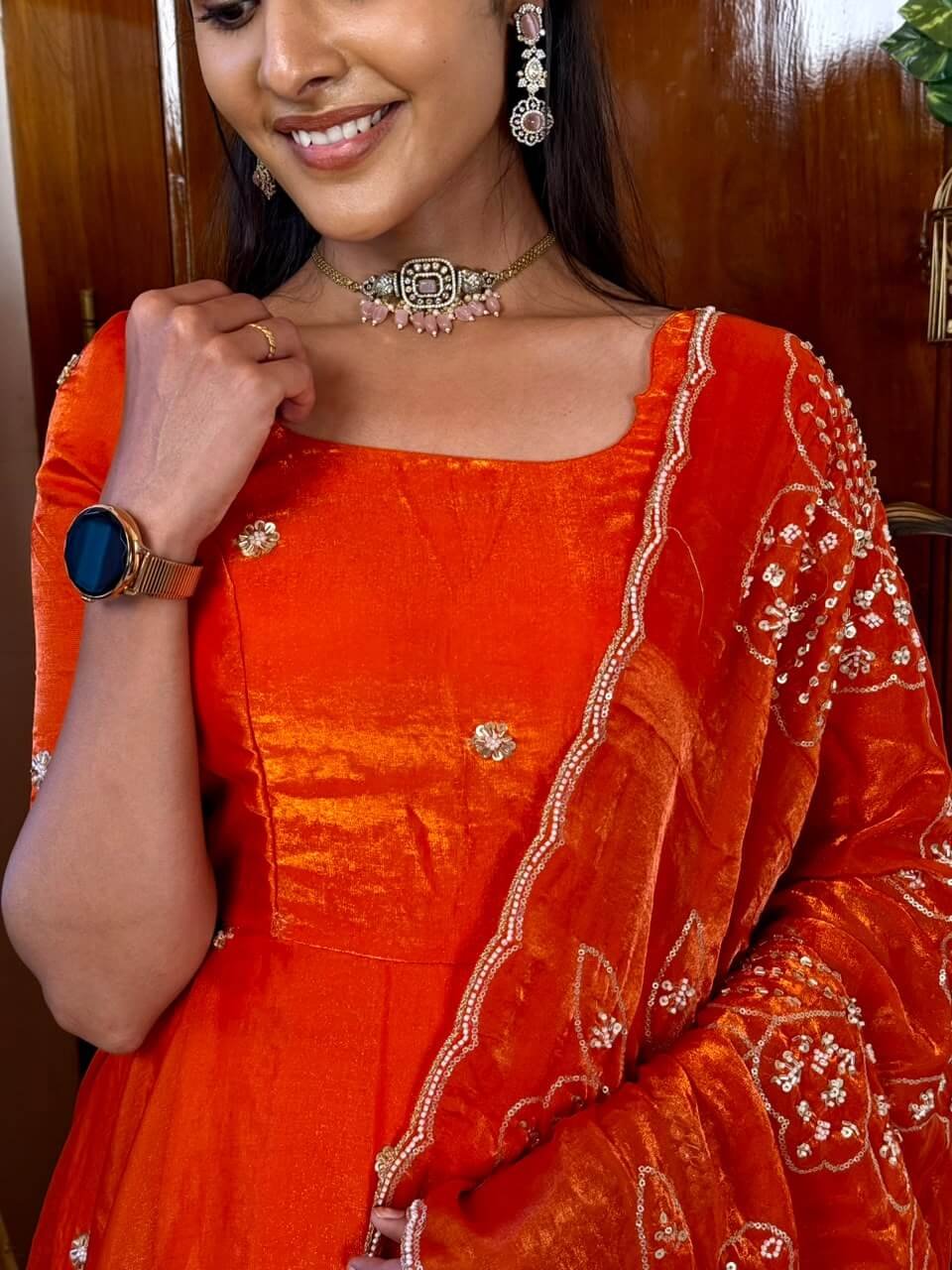 Raha orange maxi with grand bead work shawl