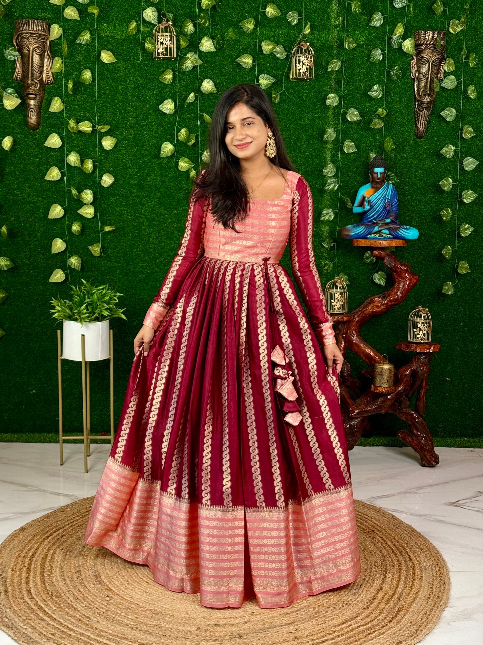 Silk Stripes Maxi Dress Pink And Brown