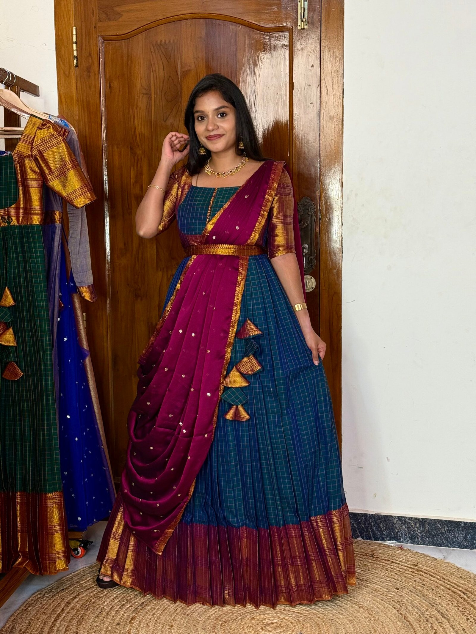 Zarigai Peocock and magenta Maxi dress